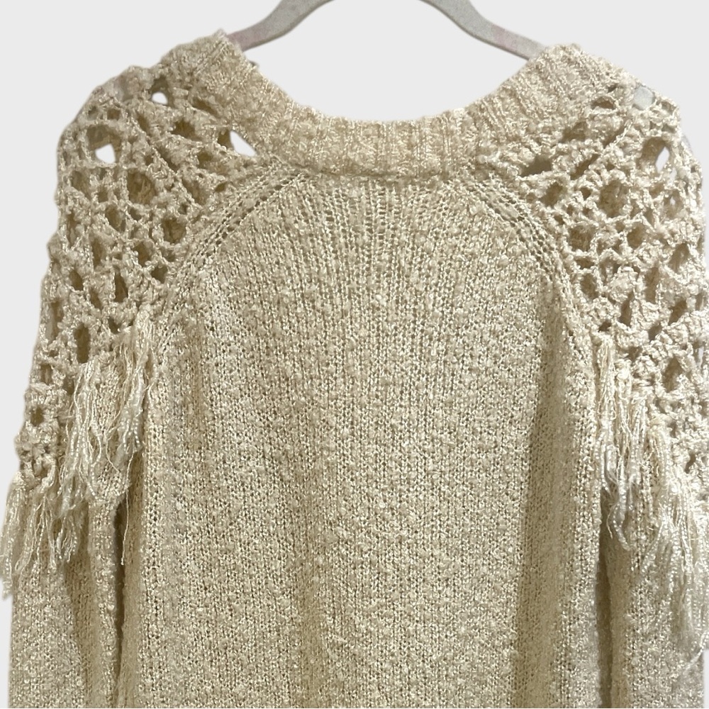BKE Cream Knit Cardigan Fringe  with Lace Details Size Small - Picture 5 of 11